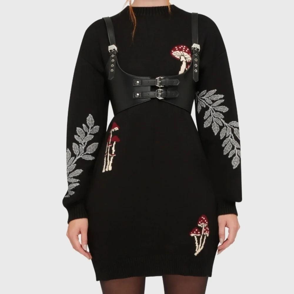 Killstar Black Crewneck Sweater Dress with Red Mushroom & Silver Leaf Accents - Picture 4 of 5